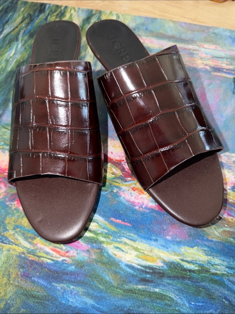 New J.Crew Italian Leather Croc-Embossed Slide Sandals - Brown size 7